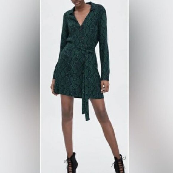 ZARA Green Black Snake Print Wrap Mini Dress Long Sleeve Belted Collared XS - Picture 3 of 12